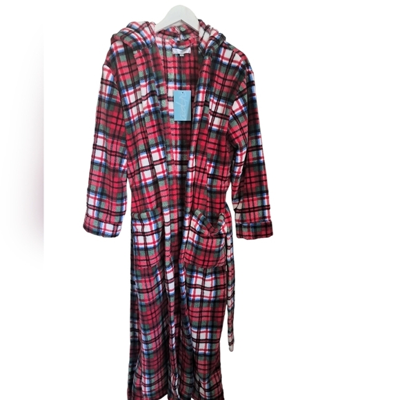 ALEXANDER DEL ROSSA plush plaid hooded bathrobe check robe COZY coastal TAGS SM - Picture 5 of 13